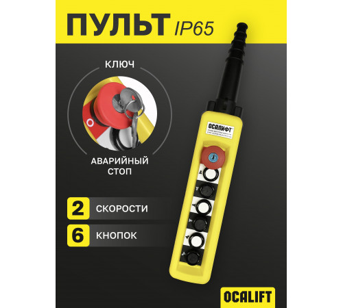 Пульт управления 6 кнопок 2 скорости, стоп, ключ, для кран балки, IP65, XAC-A6913Y